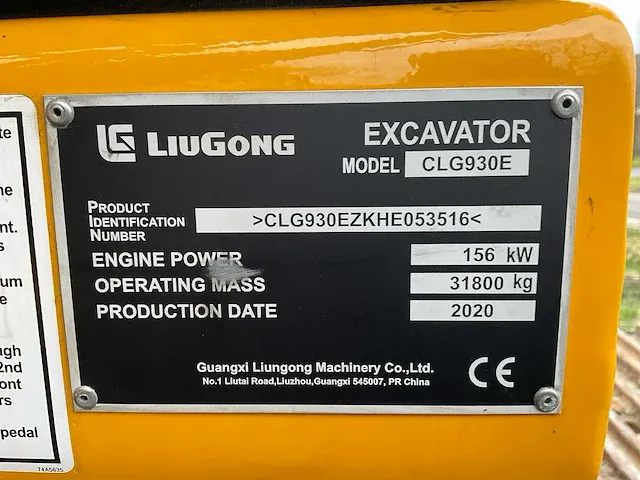 2020 liugong clg 930e, stage 4 rupsgraafmachine - afbeelding 25 van  35