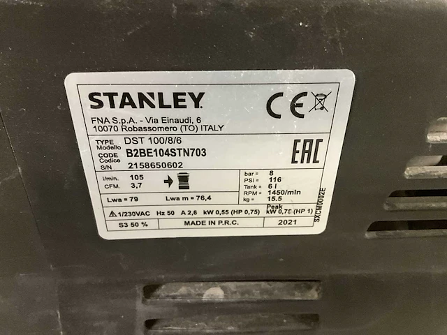 2021 stanley dst 100/8/6 compressor - afbeelding 2 van  6