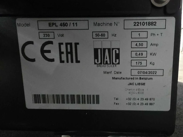 2022 jac eco epl 450/11 broodsnijmachine - afbeelding 7 van  8