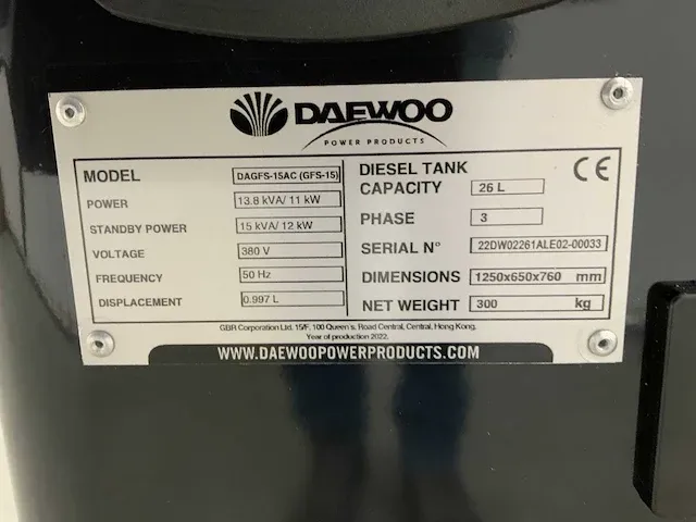 2023 daewoo dagfs-15ac 13.8kva noodstroomaggregaat - afbeelding 9 van  20