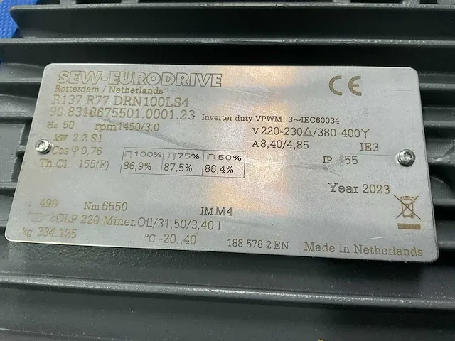 2023 sew-eurodrive r137 r77 drn100ls4 elektromotor met vertragingskast “ongebruikt” - afbeelding 19 van  19