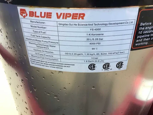 2024 - blue viper - industrial hot water 276 bar - hogedrukreiniger met tank - afbeelding 2 van  37
