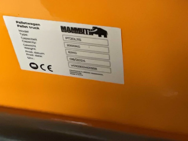 2024 mammuth pt20lt15 hand hydraulische palletwagen - afbeelding 5 van  6