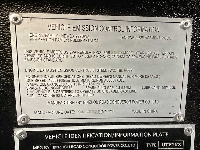2025 benzhou warrior utv1k3 atv - afbeelding 23 van  23