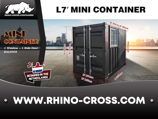 2025 rhino-cross-containers 7ft zwart zeecontainer met deur en raam - afbeelding 7 van  8