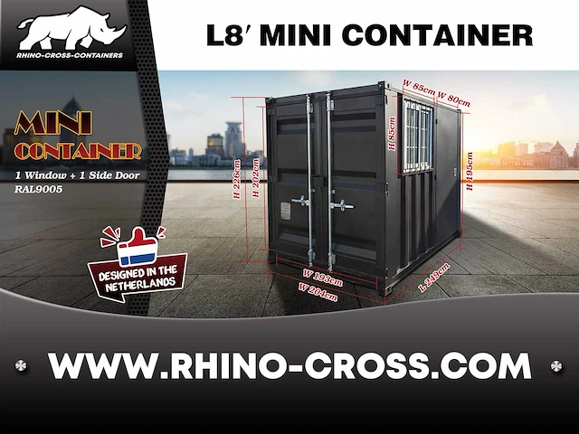 2025 rhino-cross-containers 8ft zwart zeecontainer met deur en raam - afbeelding 6 van  7