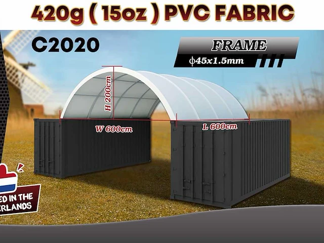 2025 rhino-cross-shelter c2020 - 6x6x2 m opslagtent / opslagshelter tussen 2 containers - afbeelding 1 van  3