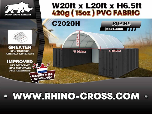 2025 rhino-cross-shelter c2020h - 6x6x2 m met eindzeil opslagtent / opslagshelter tussen 2 containers - afbeelding 3 van  5