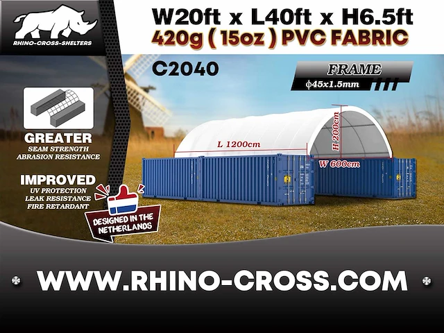 2025 rhino-cross-shelter c2040 - 12x6x2 m opslagtent / opslagshelter tussen 2 containers - afbeelding 3 van  9