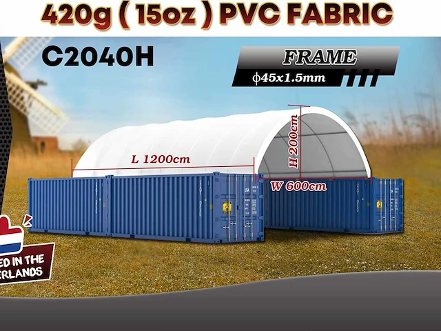 2025 rhino-cross-shelter c2040h - 12x6x2 m met eindzeil opslagtent / opslagshelter tussen 2 containers - afbeelding 1 van  3