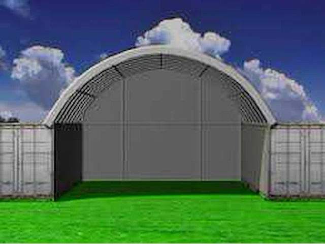 2025 rhino-cross-shelter c2040h - 12x6x2 m met eindzeil opslagtent / opslagshelter tussen 2 containers - afbeelding 1 van  5