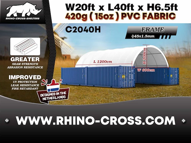2025 rhino-cross-shelter c2040h - 12x6x2 m met eindzeil opslagtent / opslagshelter tussen 2 containers - afbeelding 3 van  5
