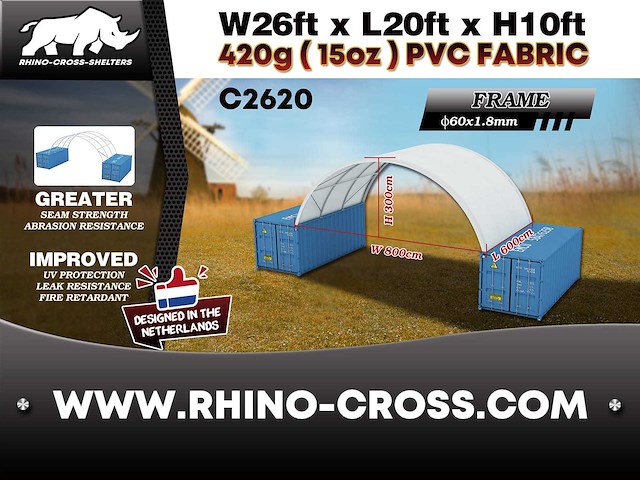 2025 rhino-cross-shelter c2620 - 6x8x3 m opslagtent / opslagshelter tussen 2 containers - afbeelding 3 van  8