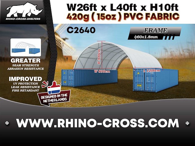 2025 rhino-cross-shelter c2640 - 12x8x3 m opslagtent / opslagshelter tussen 2 containers - afbeelding 3 van  9