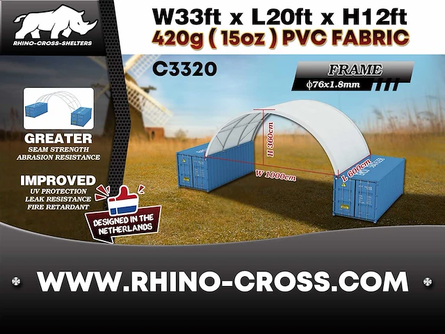 2025 rhino-cross-shelter c3320 - 6x10x3,6 m opslagtent / opslagshelter tussen 2 containers - afbeelding 3 van  9