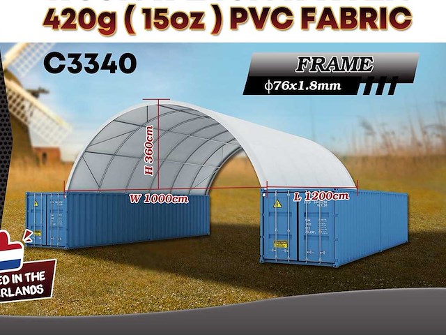 2025 rhino-cross-shelter c3340 - 12x10x3,6 m opslagtent / opslagshelter tussen 2 containers - afbeelding 2 van  9