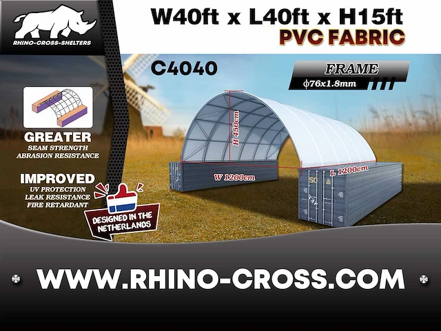 2025 rhino-cross-shelter c4040 - 12x12x4,5 m opslagtent / opslagshelter tussen 2 containers - afbeelding 1 van  9