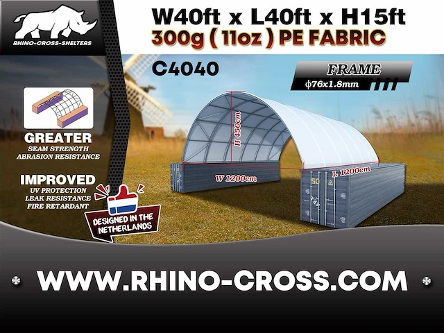 2025 rhino-cross-shelter c4040 - 12x12x4,5 m opslagtent tussen 2 containers - afbeelding 2 van  6