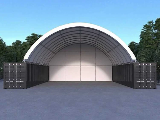 2025 rhino-cross-shelter c4040e - 12x12x4,5 m met eind zeil opslagtent / opslagshelter tussen 2 containers - afbeelding 1 van  5