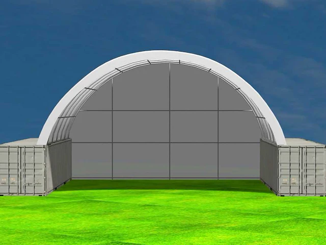 2025 rhino-cross-shelter c4040e - 12x12x4,5 m met eind zeil opslagtent / opslagshelter tussen 2 containers - afbeelding 2 van  5