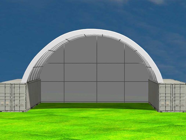 2025 rhino-cross-shelter c4040e - 12x12x4,5 m met eind zeil opslagtent / opslagshelter tussen 2 containers - afbeelding 2 van  5