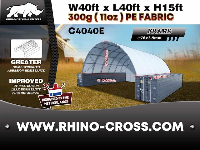 2025 rhino-cross-shelter c4040e - 12x12x4,5 m met eind zeil opslagtent tussen 2 containers - afbeelding 2 van  3