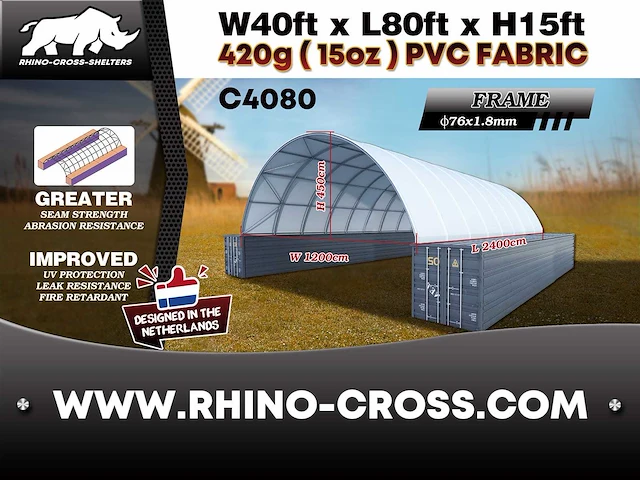 2025 rhino-cross-shelter c4080 - 24x12x4,5 m opslagtent / opslagshelter tussen 2 containers - afbeelding 3 van  9