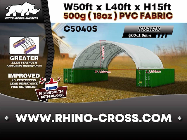 2025 rhino-cross-shelter c5040s 12x15,25x4,5 m opslagtent / opslagshelter tussen 2 containers - afbeelding 3 van  6