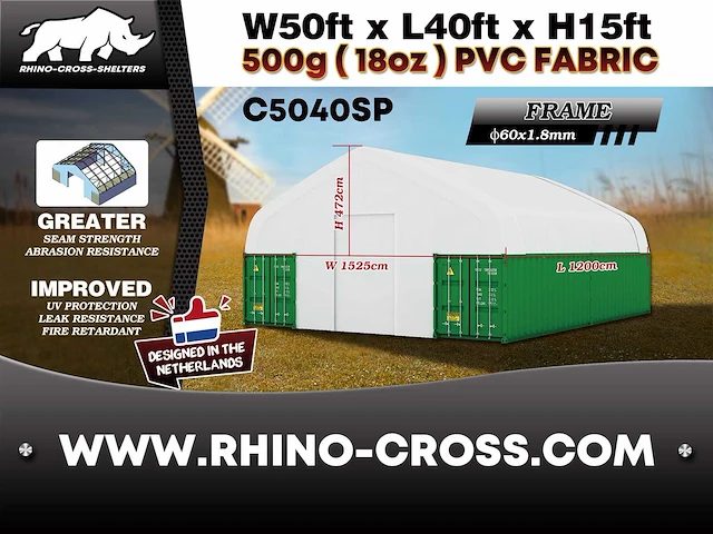 2025 rhino-cross-shelter c5040sp - 12x15,25x4,72 m opslagtent / opslagshelter tussen 2 containers - afbeelding 5 van  6