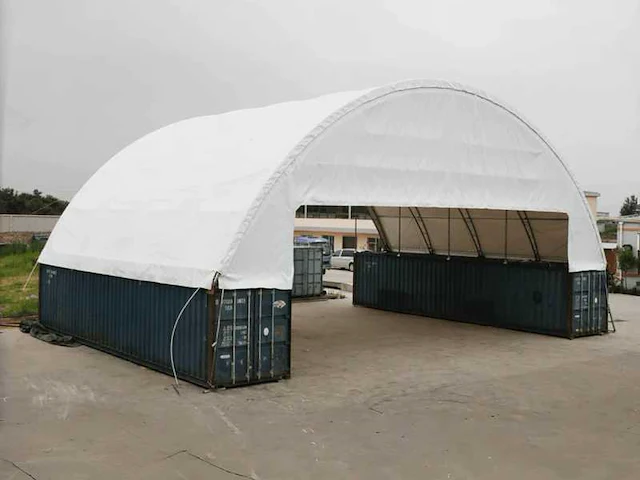 2025 rhino-cross-shelter c608015s 24x18x4,5 m halve cover op beide einden opslagtent / opslagshelter tussen 2 containers - 2025 - afbeelding 2 van  6