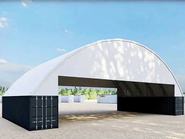 2025 rhino-cross-shelter c608015s 24x18x4,5 m halve cover op beide einden opslagtent / opslagshelter tussen 2 containers - 2025 - afbeelding 3 van  6