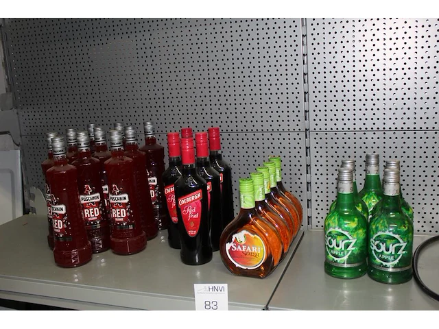 25 flessen alcoholische dranken w.o. puschkin rode wodka, coebegh, safari en sourz apple. totaal 25 stuks - afbeelding 1 van  3