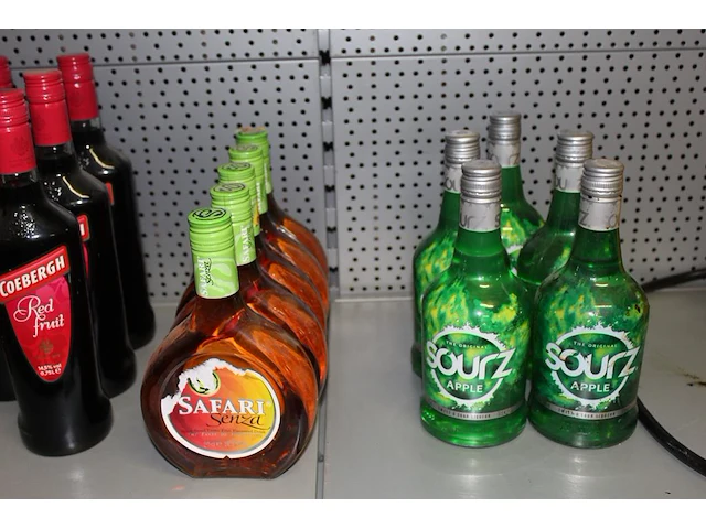 25 flessen alcoholische dranken w.o. puschkin rode wodka, coebegh, safari en sourz apple. totaal 25 stuks - afbeelding 3 van  3