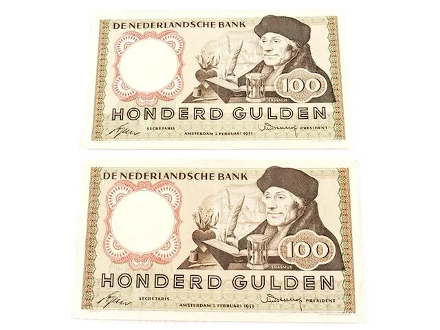 2x bankbiljetten 100 gulden nederland 1953 - afbeelding 1 van  4