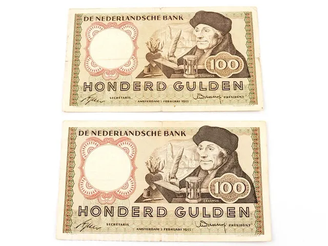 2x bankbiljetten 100 gulden nederland 1953 - afbeelding 1 van  6