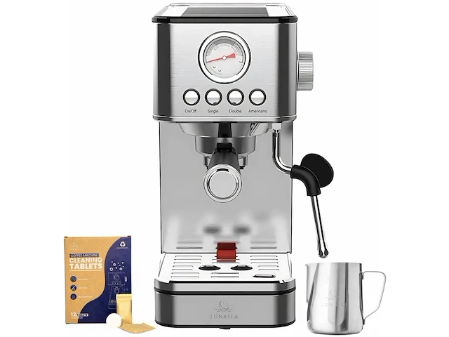 2x pistonmachine, espressomachine inclusief melkopschuimkan en ontkalkingstabletten lunasea, v621, zilver - afbeelding 1 van  2