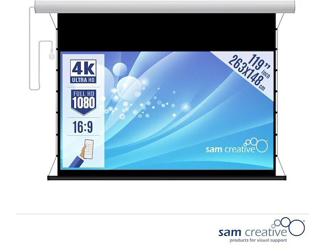2x projectiescherm 4k elektrisch 263x148 cm 16:9 119" sam creative, pshtz263148 - afbeelding 1 van  3