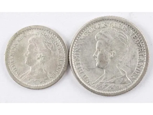 2x zilveren munten koningin wilhelmina 1913, 1914 - afbeelding 1 van  2