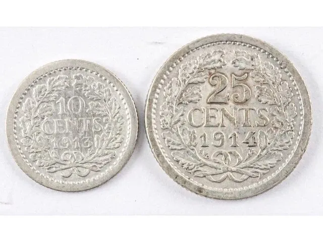 2x zilveren munten koningin wilhelmina 1913, 1914 - afbeelding 2 van  2