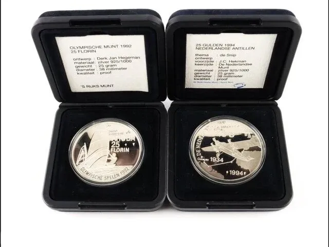 2x zilveren proof munten , aruba en nederlandse antillen - afbeelding 1 van  3