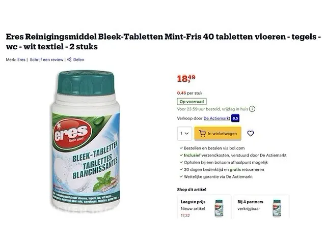 35x eres reinigingsmiddel bleek-tabletten mint-fris 40 tabletten vloeren - tegels - wc - wit textiel - - afbeelding 2 van  6
