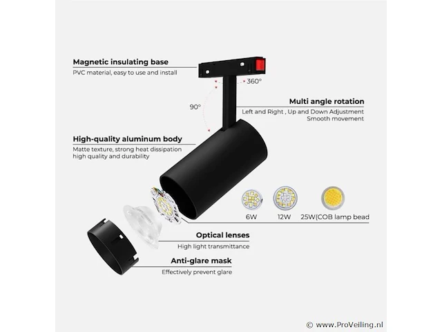 5 x bery led-spot voor magnetische rail 48v – 20w – zwart. - afbeelding 4 van  5