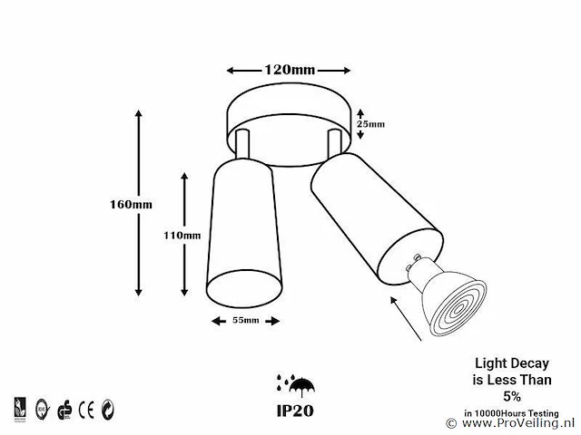 5 x ronde plafondlamp gu10 – 2 draaibare spots – zwart – aluminium – ø120 mm – ip20 - afbeelding 4 van  4