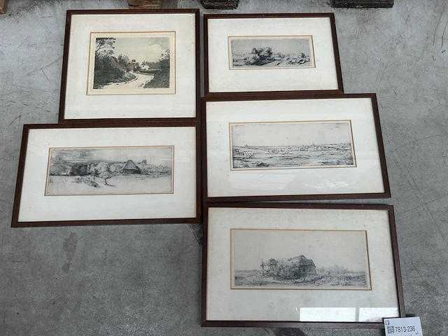 5x oude tekening in lijst - afbeelding 1 van  5