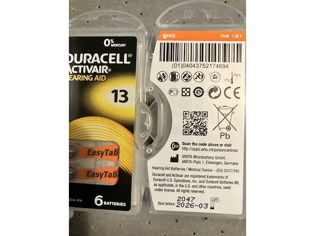 6 pakjes duracell gehoorapparaat batterijen met 6 stuks oranje - afbeelding 3 van  5