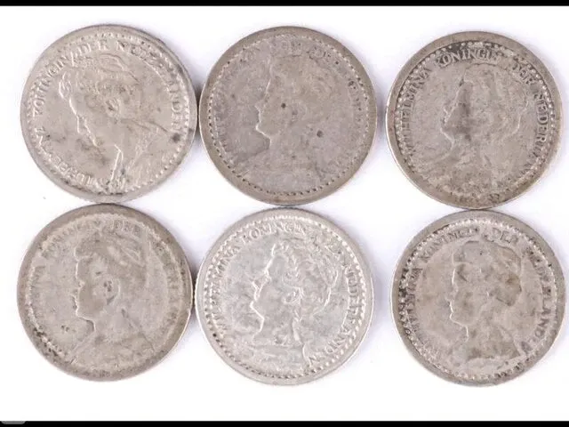6x zilveren munten koningin wilhelmina - afbeelding 1 van  2