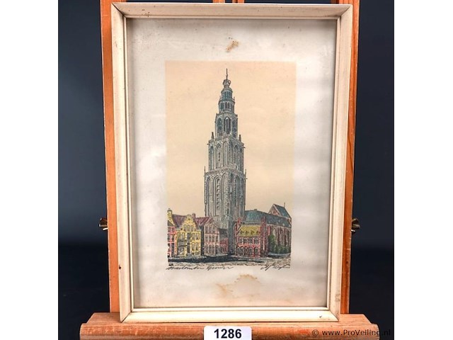 A. j. van dijk martinitoren groningen. ingekleurde ets - afbeelding 1 van  5