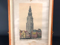 A. j. van dijk martinitoren groningen. ingekleurde ets - afbeelding 1 van  5