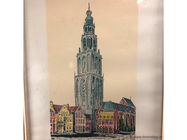 A. j. van dijk martinitoren groningen. ingekleurde ets - afbeelding 3 van  5