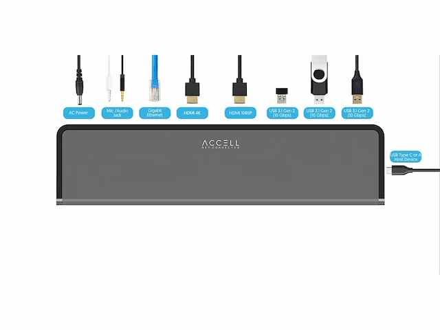 Accell driver-minder usb-c 4k dockingstation - 2 hdmi, 3 usb 3.1 gen 2 10 gbps, gigabit ethernet- en audiopoorten zwart - afbeelding 4 van  5